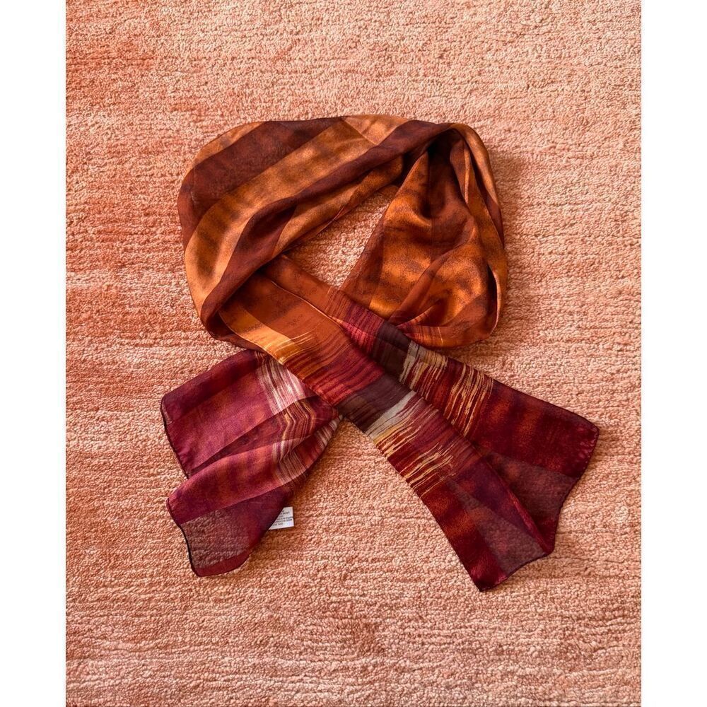 Jacqueline Ferrar 100% Silk Scarf Sheer Striped Brown Burgundy/Brown Wrap
